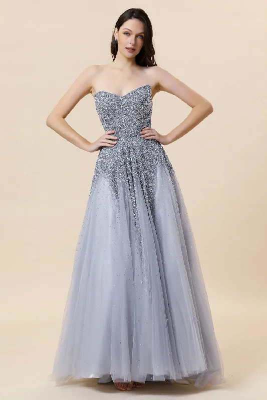 "Graduation dresses for women to celebrate in style"Sparkly Grey Beaded Tulle Sweetheart Long Prom Dress "Graduation dresses for women to celebrate in style"Sparkly Grey Beaded Tulle Sweetheart Long Prom Dress