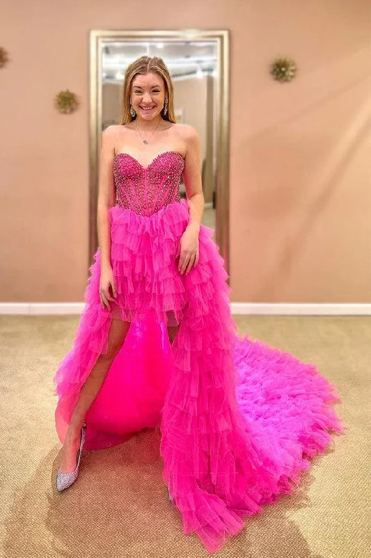"Black dresses for women for a classic and timeless appearance"Strapless Hot Pink Tulle High Low Ball Gown Simple Prom Dress PSK296 "Black dresses for women for a classic and timeless appearance"Strapless Hot Pink Tulle High Low Ball Gown Simple Prom Dress PSK296