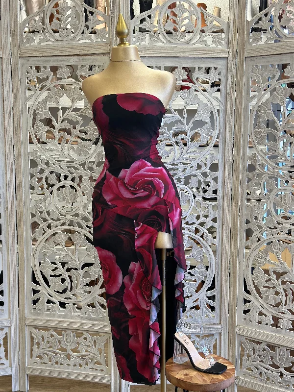 "Homecoming dresses for women to stand out"Strapless Slit Black Floral Pattern Dress- Stretchy "Homecoming dresses for women to stand out"Strapless Slit Black Floral Pattern Dress- Stretchy