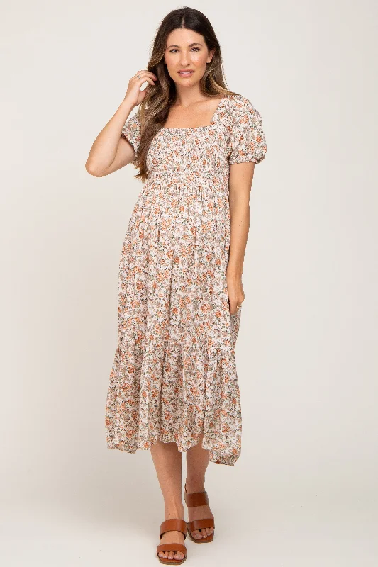 "Comfortable maternity dresses for pregnant women"Taupe Floral Smocked Puff Sleeve Maternity Midi Dress "Comfortable maternity dresses for pregnant women"Taupe Floral Smocked Puff Sleeve Maternity Midi Dress