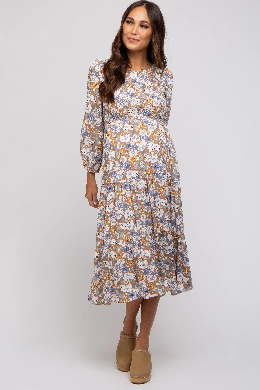 "Satin dresses for women for a luxurious appearance"Taupe Floral Smocked Tiered Maternity Midi Dress "Satin dresses for women for a luxurious appearance"Taupe Floral Smocked Tiered Maternity Midi Dress