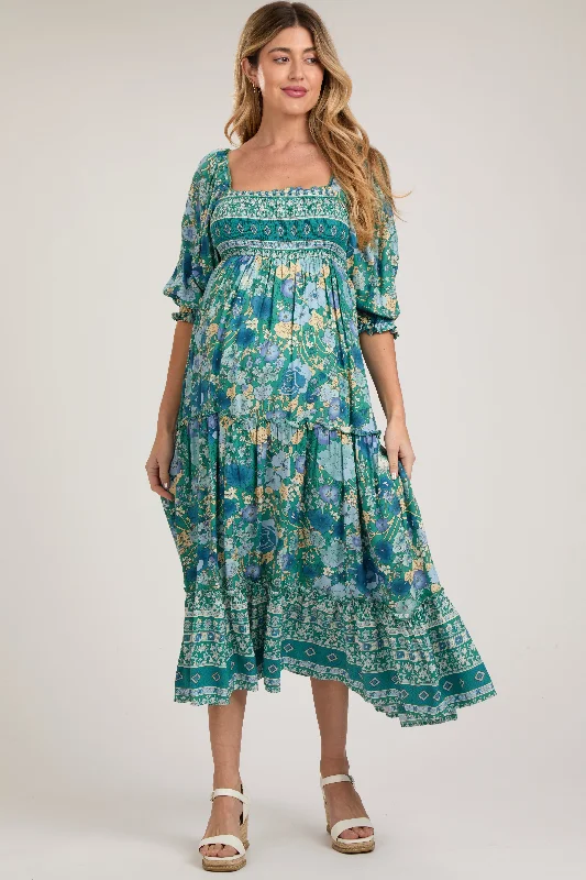 Clearance Sale: Women's Dresses Teal Floral Smocked Half-Length Sleeves Maternity Midi Dress Clearance Sale: Women's Dresses Teal Floral Smocked Half-Length Sleeves Maternity Midi Dress
