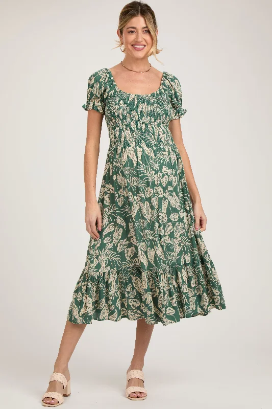 "Beach wedding dresses for women for a laid - back ceremony"Teal Floral Smocked Short Puff Sleeve Maternity Midi Dress "Beach wedding dresses for women for a laid - back ceremony"Teal Floral Smocked Short Puff Sleeve Maternity Midi Dress
