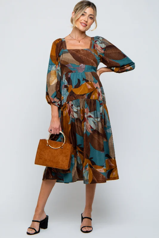 "Designer - inspired women's evening dresses"Teal Leaf Print Square Neck Maternity Midi Dress "Designer - inspired women's evening dresses"Teal Leaf Print Square Neck Maternity Midi Dress