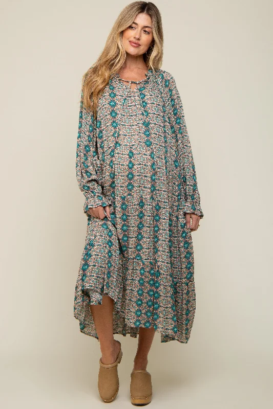 "Seasonal Sale: Save Big on Women's Dresses for Every Occasion"Turquoise Floral Front Tie Tiered Maternity Midi Dress "Seasonal Sale: Save Big on Women's Dresses for Every Occasion"Turquoise Floral Front Tie Tiered Maternity Midi Dress