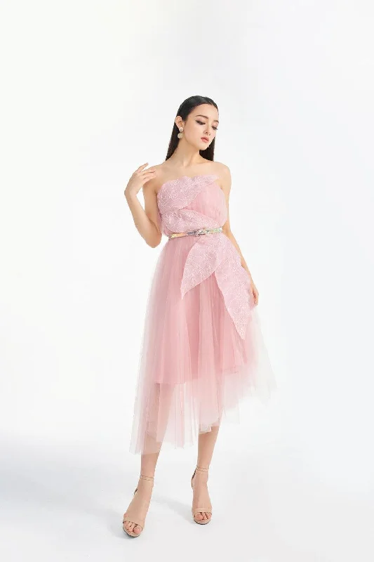 "Wrap dresses for women for an adjustable fit"Verity Strapless Gathered Mesh Sheer Midi Dress