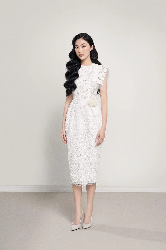 "White dresses for women for a fresh and clean look"Verla Pencil Square Neck Lace Midi Dress "White dresses for women for a fresh and clean look"Verla Pencil Square Neck Lace Midi Dress