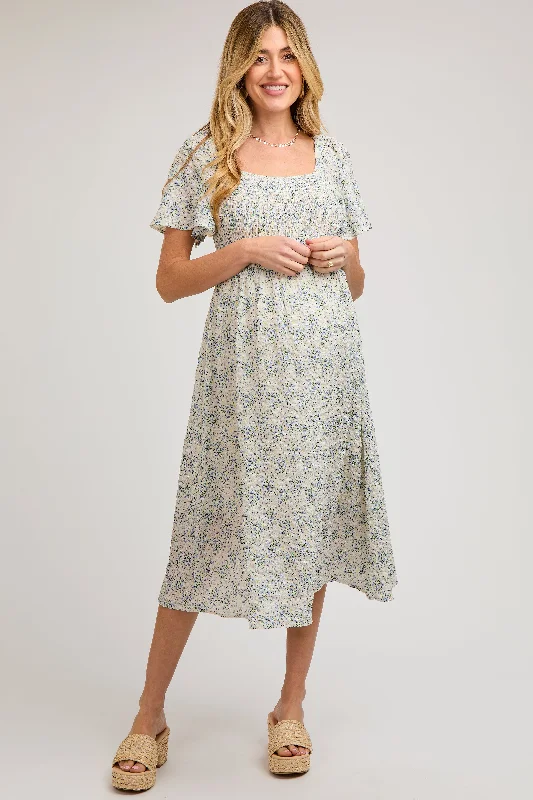 "Midi dresses for women with unique patterns"White Floral Square Neck Smocked Maternity Midi Dress "Midi dresses for women with unique patterns"White Floral Square Neck Smocked Maternity Midi Dress