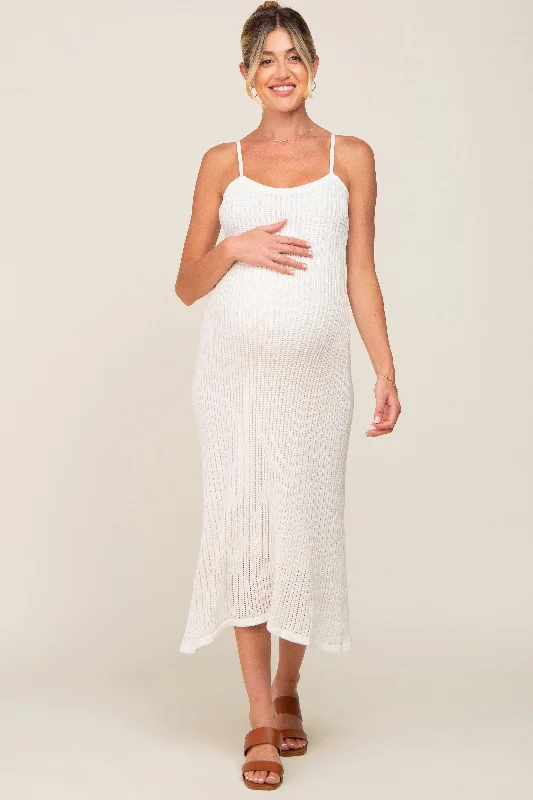 "Off - shoulder dresses for women to show off collarbones"White Open Knit Crochet Maternity Midi Dress "Off - shoulder dresses for women to show off collarbones"White Open Knit Crochet Maternity Midi Dress