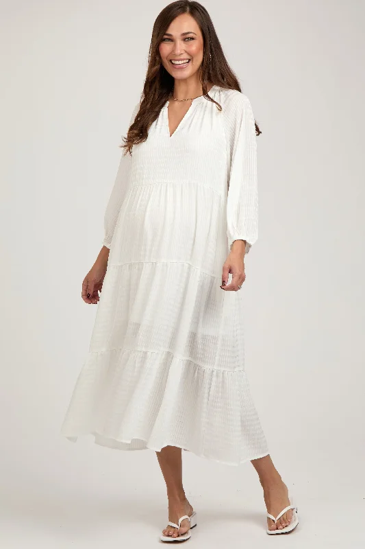 "Plus size formal dresses for women for special events"White Textured Tiered Maternity Midi Dress "Plus size formal dresses for women for special events"White Textured Tiered Maternity Midi Dress