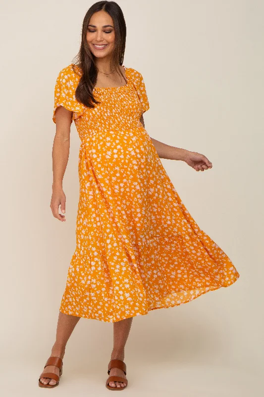 "Maxi dresses for women to wear in the fall"Yellow Floral Smocked Maternity Midi Dress "Maxi dresses for women to wear in the fall"Yellow Floral Smocked Maternity Midi Dress