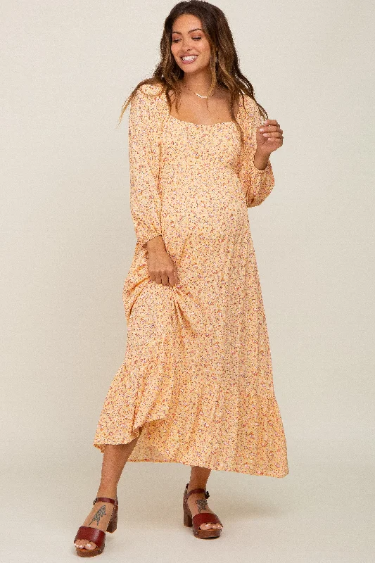 "Beach wedding dresses for women for a laid - back ceremony"Yellow Floral Square Neck 3/4 Sleeve Maternity Midi Dress "Beach wedding dresses for women for a laid - back ceremony"Yellow Floral Square Neck 3/4 Sleeve Maternity Midi Dress
