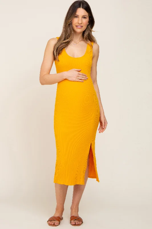 "Sustainable and eco - friendly women's dresses"Yellow Ribbed Back Cutout Maternity Midi Dress "Sustainable and eco - friendly women's dresses"Yellow Ribbed Back Cutout Maternity Midi Dress