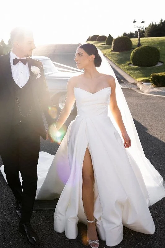 "Petite women's dresses with flattering fits"2023 A-line Satin Wedding Dresses with Split Side "Petite women's dresses with flattering fits"2023 A-line Satin Wedding Dresses with Split Side