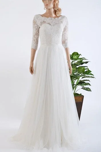 "Petite women's dresses with flattering fits"3-4 Length Sleeve Tulle and Lace Wedding Dress "Petite women's dresses with flattering fits"3-4 Length Sleeve Tulle and Lace Wedding Dress