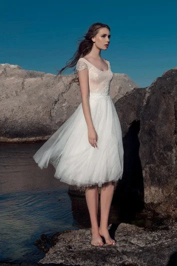 "Floral print dresses for women for a feminine look"A-Line Knee-Length Scoop-Neck Cap-Sleeve Illusion Tulle Lace Dress "Floral print dresses for women for a feminine look"A-Line Knee-Length Scoop-Neck Cap-Sleeve Illusion Tulle Lace Dress