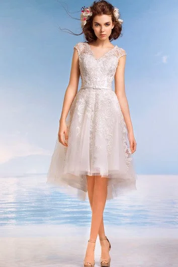 "Lace dresses for women for a romantic and elegant look"A-Line Knee-Length V-Neck Cap-Sleeve Illusion Lace Dress With Appliques And Pleats "Lace dresses for women for a romantic and elegant look"A-Line Knee-Length V-Neck Cap-Sleeve Illusion Lace Dress With Appliques And Pleats
