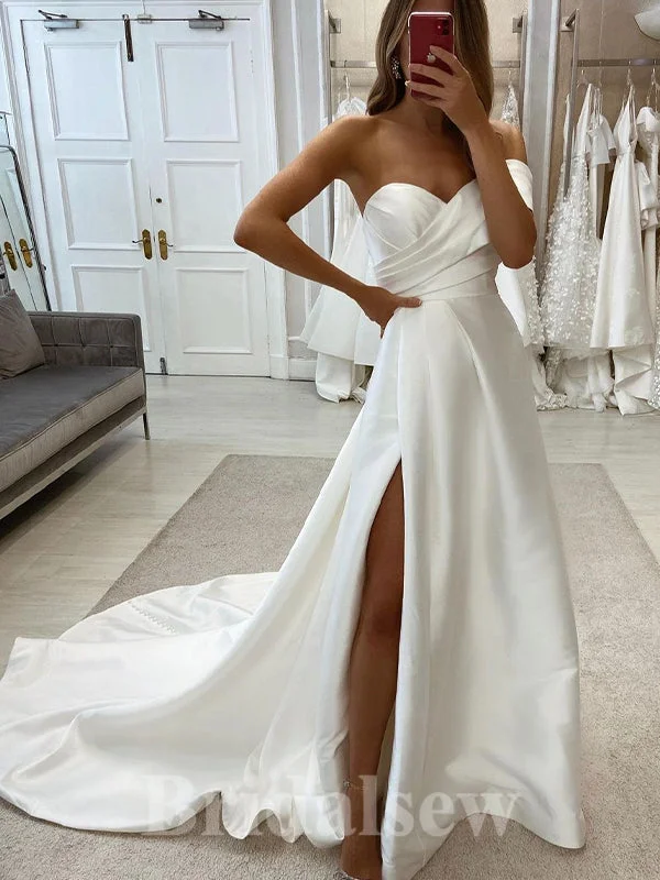 "Homecoming dresses for women to stand out"A-line Real Made Satin Elegant Classy Slit Beach Vintage Long Wedding Dresses WD341 "Homecoming dresses for women to stand out"A-line Real Made Satin Elegant Classy Slit Beach Vintage Long Wedding Dresses WD341