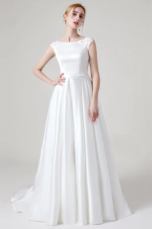 "Pleated dresses for women with a graceful movement"A-Line Sweep-Brush Train Satin Wedding Dress CW2959 "Pleated dresses for women with a graceful movement"A-Line Sweep-Brush Train Satin Wedding Dress CW2959
