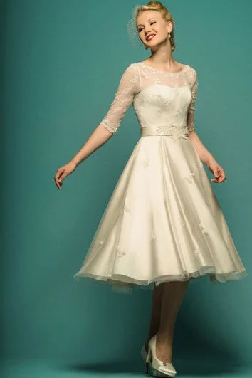 "Smart casual dresses for women for work - to - weekend transitions"A-Line Tea-Length Illusion Sleeve Scoop Neck Appliqued Tulle Wedding Dress "Smart casual dresses for women for work - to - weekend transitions"A-Line Tea-Length Illusion Sleeve Scoop Neck Appliqued Tulle Wedding Dress