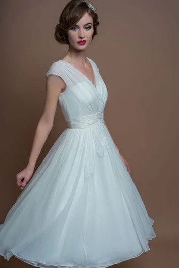 "Work - appropriate dresses for professional women"A-Line V-Neck Tea-Length Cap-Sleeve Appliqued Tulle Wedding Dress With Ruching "Work - appropriate dresses for professional women"A-Line V-Neck Tea-Length Cap-Sleeve Appliqued Tulle Wedding Dress With Ruching