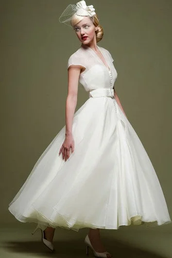 "Lace dresses for women for a romantic and elegant look"Ankle-Length A-Line Ribboned V-Neck Cap Sleeve Tulle Wedding Dress "Lace dresses for women for a romantic and elegant look"Ankle-Length A-Line Ribboned V-Neck Cap Sleeve Tulle Wedding Dress