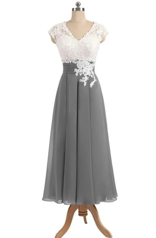 "Shirt dresses for women for a smart - casual style"Ankle Length V Neck Cap Sleeves Silver Gray Mother of the Bride Dresses, prom dress with Appliques cg2650 "Shirt dresses for women for a smart - casual style"Ankle Length V Neck Cap Sleeves Silver Gray Mother of the Bride Dresses, prom dress with Appliques cg2650