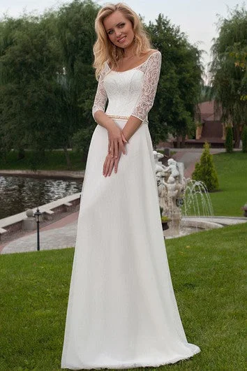 "Work - appropriate dresses for professional women"Appliqued 3-4 Sleeve Scoop Neck Chiffon Wedding Dress "Work - appropriate dresses for professional women"Appliqued 3-4 Sleeve Scoop Neck Chiffon Wedding Dress