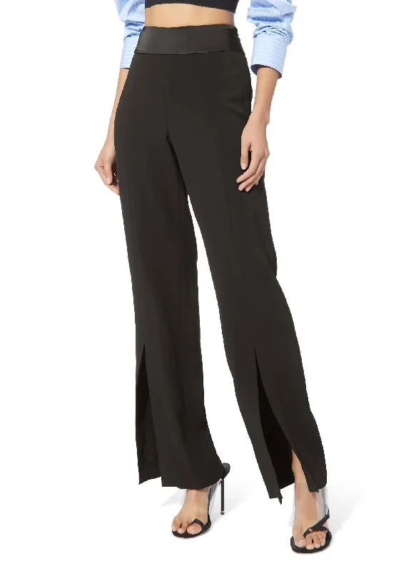 Recycled material pants for women in an eco - friendly optionAriah Crepe Satin Combo Front Slit Pant In Black Recycled material pants for women in an eco - friendly optionAriah Crepe Satin Combo Front Slit Pant In Black