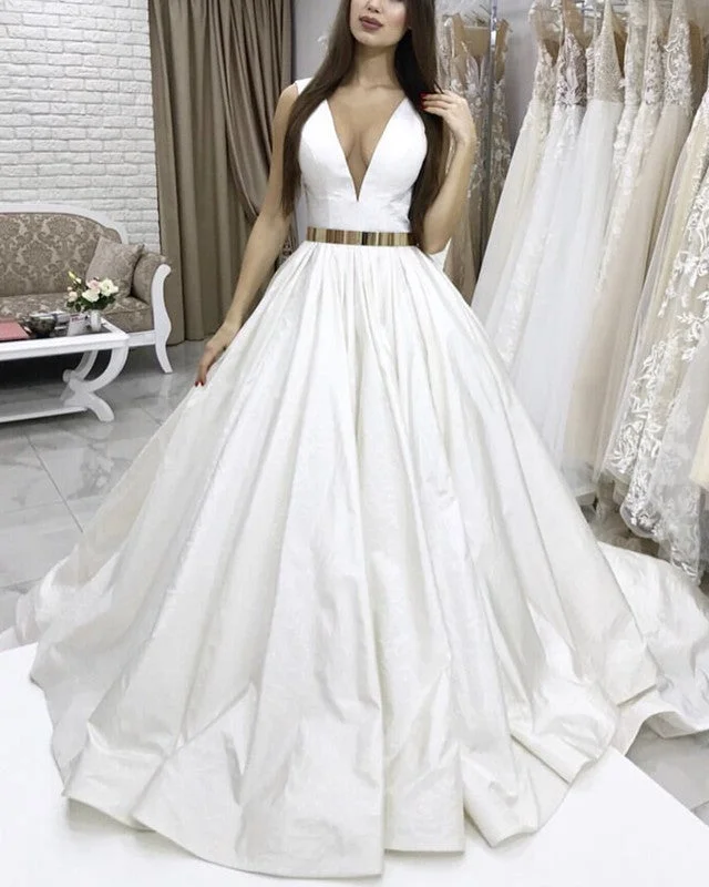 "Maxi dresses for women to wear in the fall"Ball Gown Satin V Neck Wedding Dresses With Belt "Maxi dresses for women to wear in the fall"Ball Gown Satin V Neck Wedding Dresses With Belt