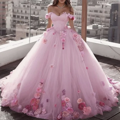"Pleated dresses for women with a graceful movement"Blush Pink Tulle Off Shoulder Ball Gown Wedding Dresses Floral Flowers Beaded prom gown cg3003 "Pleated dresses for women with a graceful movement"Blush Pink Tulle Off Shoulder Ball Gown Wedding Dresses Floral Flowers Beaded prom gown cg3003