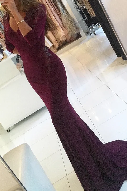 "Work - appropriate dresses for professional women"Burgundy V Neck 3/4 Length Sleeves Mother Of The Bride Dresses Mermaid prom Spandex With Applique cg4759 "Work - appropriate dresses for professional women"Burgundy V Neck 3/4 Length Sleeves Mother Of The Bride Dresses Mermaid prom Spandex With Applique cg4759