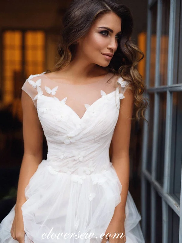 "Flash Sale: Grab Your Favorite Women's Dresses at Unbeatable Prices!"Cap Sleeves Butterfly Applique White Tulle Open Back Wedding Dresses, CW0223 "Flash Sale: Grab Your Favorite Women's Dresses at Unbeatable Prices!"Cap Sleeves Butterfly Applique White Tulle Open Back Wedding Dresses, CW0223