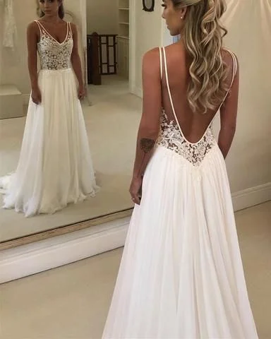 "Trendy casual dresses for women to wear at the beach"Charming See Through Lace Bodice Chiffon V-neck prom Dresses,Backless with Train Beach Wedding Dresses  cg6055