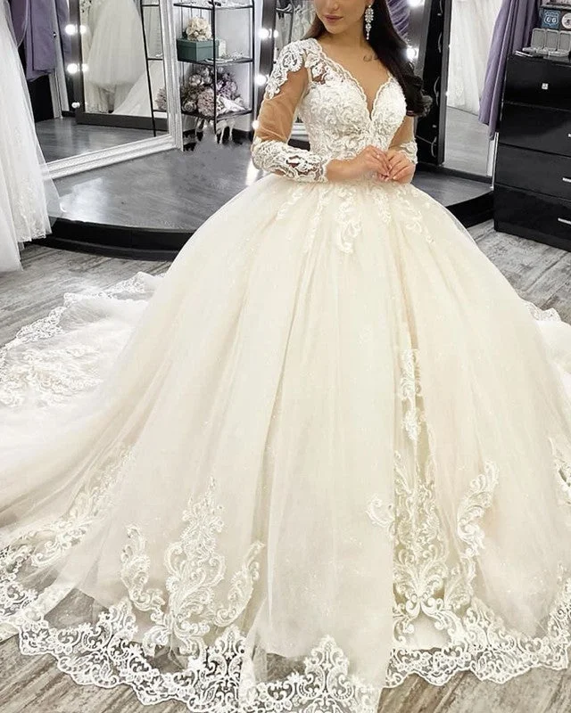 "Sequined dresses for women to shine at parties"Deep V Neck Wedding Dress Tulle Ball Gown Embroidery "Sequined dresses for women to shine at parties"Deep V Neck Wedding Dress Tulle Ball Gown Embroidery
