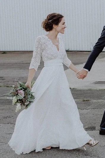 "Petite women's dresses with flattering fits"Ethereal Chiffon and Lace Scalloped 3/4 Sleeve Wedding Dress with ruching "Petite women's dresses with flattering fits"Ethereal Chiffon and Lace Scalloped 3/4 Sleeve Wedding Dress with ruching