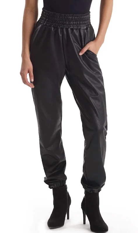Houndstooth print wide leg pants for women in a sophisticated and statement - making styleFaux Leather Jogger With Elastic Waist & Hem In Black Houndstooth print wide leg pants for women in a sophisticated and statement - making styleFaux Leather Jogger With Elastic Waist & Hem In Black