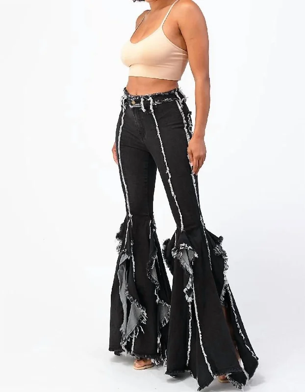 Distressed wide leg denim pants for women in a trendy and edgy styleFlare Bell Bottom Pant In Black Distressed wide leg denim pants for women in a trendy and edgy styleFlare Bell Bottom Pant In Black