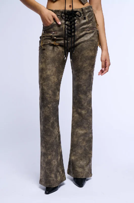 Solid color cigarette pants for women in a minimalist lookGEORGIA LACE UP FLARED FAUX LEATHER LOOK PANT Solid color cigarette pants for women in a minimalist lookGEORGIA LACE UP FLARED FAUX LEATHER LOOK PANT