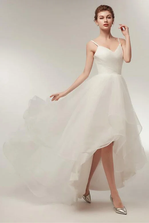 "Sleeveless dresses for women during hot summer days"Spaghetti Strap High Low A-line Ivory Wedding Dress with Lace-Up "Sleeveless dresses for women during hot summer days"Spaghetti Strap High Low A-line Ivory Wedding Dress with Lace-Up