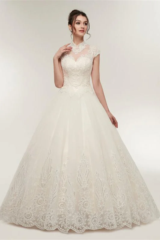 "Satin dresses for women for a luxurious appearance"Princess Long High Neck A-line Ivory Wedding Dress with Lace "Satin dresses for women for a luxurious appearance"Princess Long High Neck A-line Ivory Wedding Dress with Lace