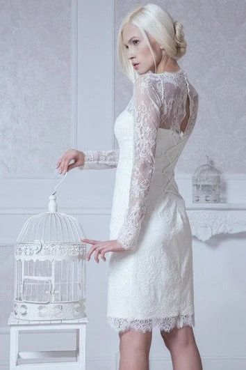"Satin dresses for women for a luxurious appearance"High Neck Long Sleeve Sheath Lace Knee Length Dress With Keyhole Back "Satin dresses for women for a luxurious appearance"High Neck Long Sleeve Sheath Lace Knee Length Dress With Keyhole Back