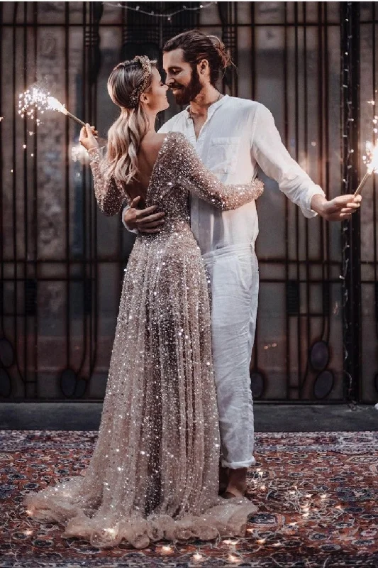 "Elegant wedding guest dresses for women under $100"Illusion Beads Sequin Wedding Gown Long Sleeves "Elegant wedding guest dresses for women under $100"Illusion Beads Sequin Wedding Gown Long Sleeves