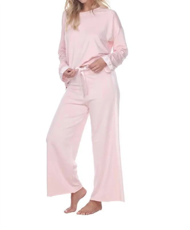 Embroidered pants for women in ethnic designsKimber Crop French Terry Wide Leg Crop Pant With Satin Stripes In Blush Embroidered pants for women in ethnic designsKimber Crop French Terry Wide Leg Crop Pant With Satin Stripes In Blush