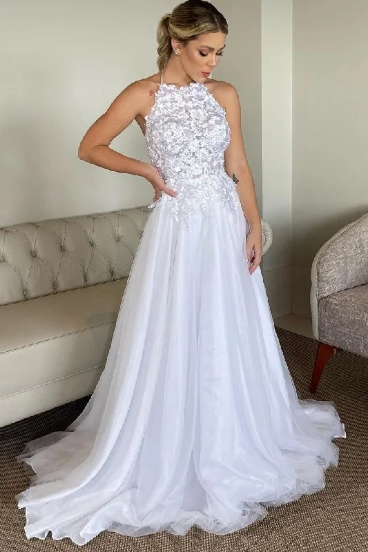 "Homecoming dresses for women to stand out"Lace Bodice Halter Wedding Dresses with Tulle Skirt "Homecoming dresses for women to stand out"Lace Bodice Halter Wedding Dresses with Tulle Skirt