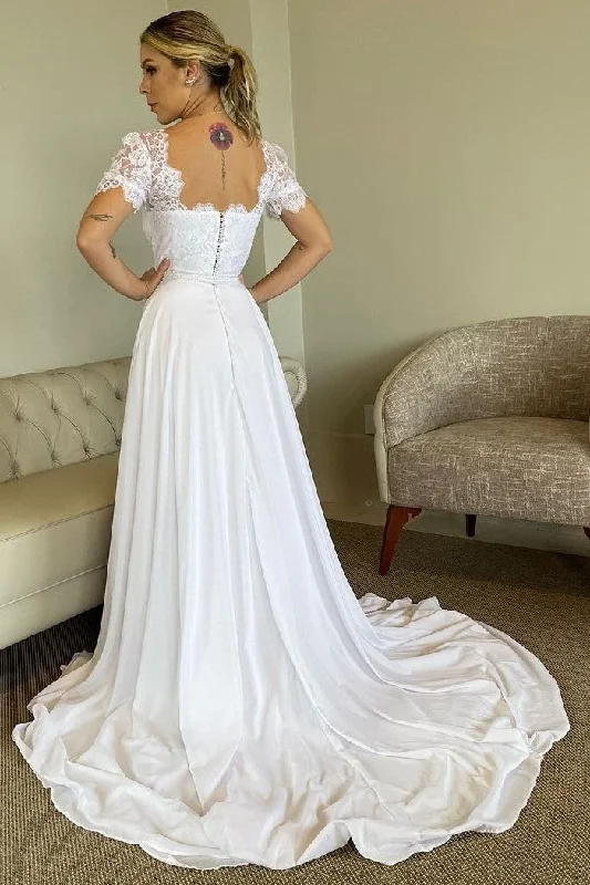 "Mermaid - style wedding dresses for women for a dramatic look"Lace Square Neck Bridal Dress with Short Sleeves "Mermaid - style wedding dresses for women for a dramatic look"Lace Square Neck Bridal Dress with Short Sleeves