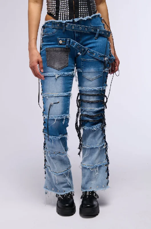 Tartan plaid pants for women in a vintage styleLAY LOW DISTRESSED DENIM FLARE PANT