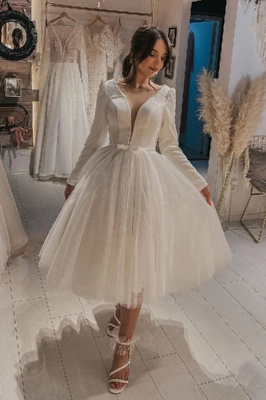 "Shirt dresses for women for a smart - casual style"Long Sleeves Short Wedding Dress with Beaded Plunging Neckline "Shirt dresses for women for a smart - casual style"Long Sleeves Short Wedding Dress with Beaded Plunging Neckline