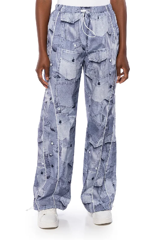 Patchwork wide leg denim pants for women in a creative and unique styleLOOK AGAIN DENIM GRAPHIC PARACHUTE PANT Patchwork wide leg denim pants for women in a creative and unique styleLOOK AGAIN DENIM GRAPHIC PARACHUTE PANT