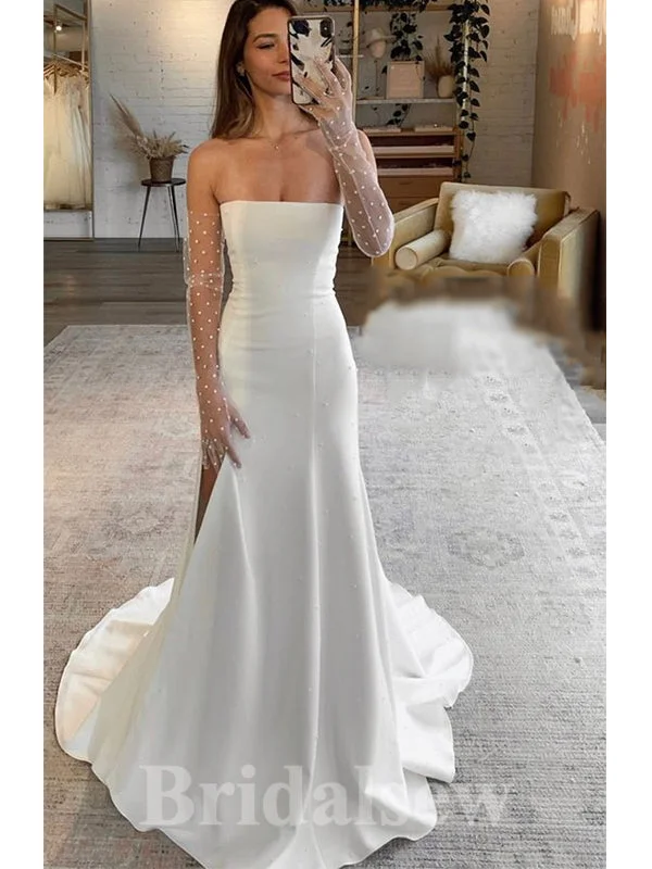 "Designer - inspired women's evening dresses"Mermaid Strapless Simple Sleeveless Satin Unique Garden Beach Vintage Long Wedding Dresses WD332